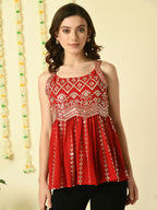 Myshka Women's Red Embroidered Party Fusion Top