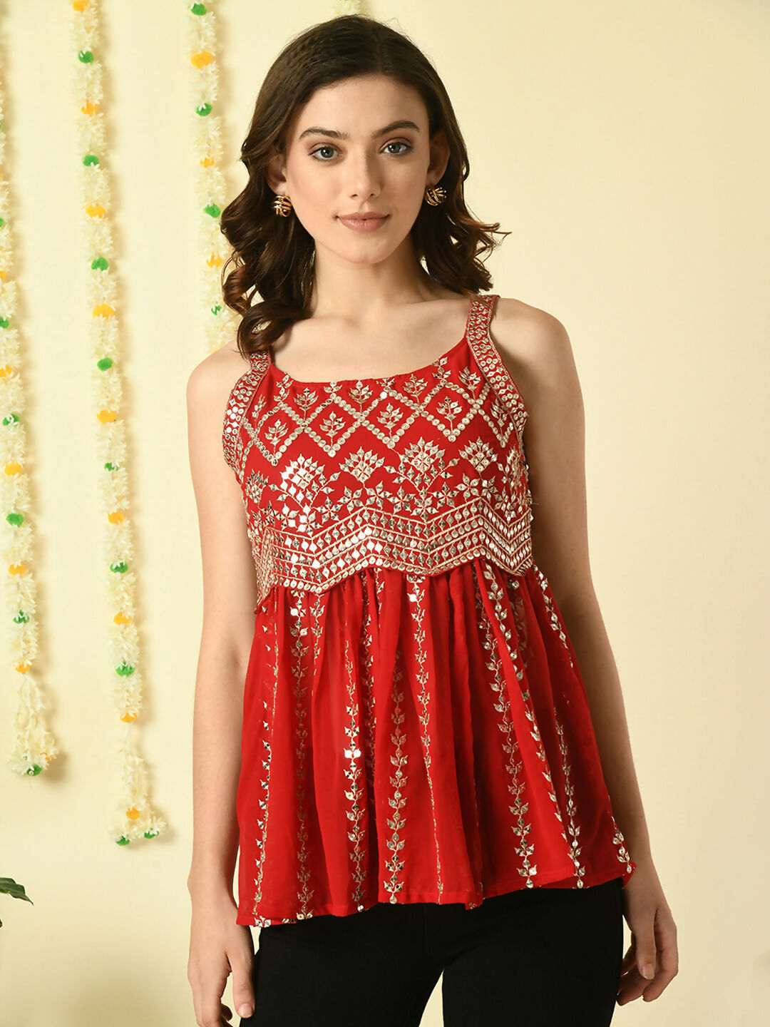 Myshka Women's Red Embroidered Party Fusion Top