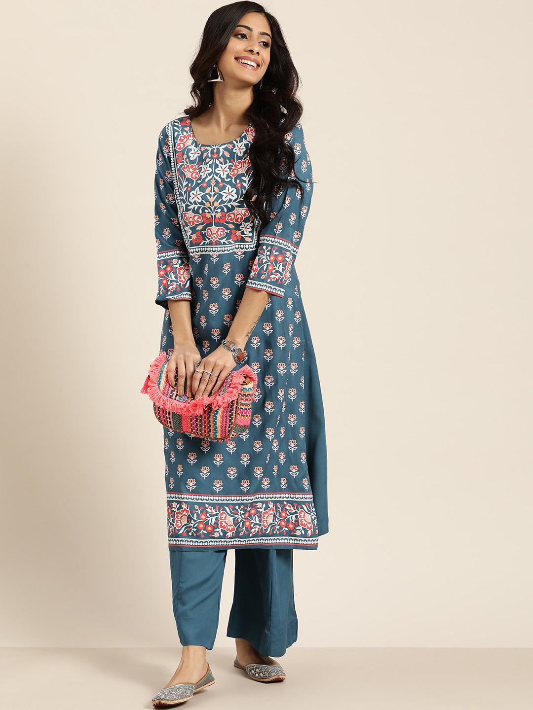 Sangria Women Teal Blue & White Printed Kurta with Palazzos