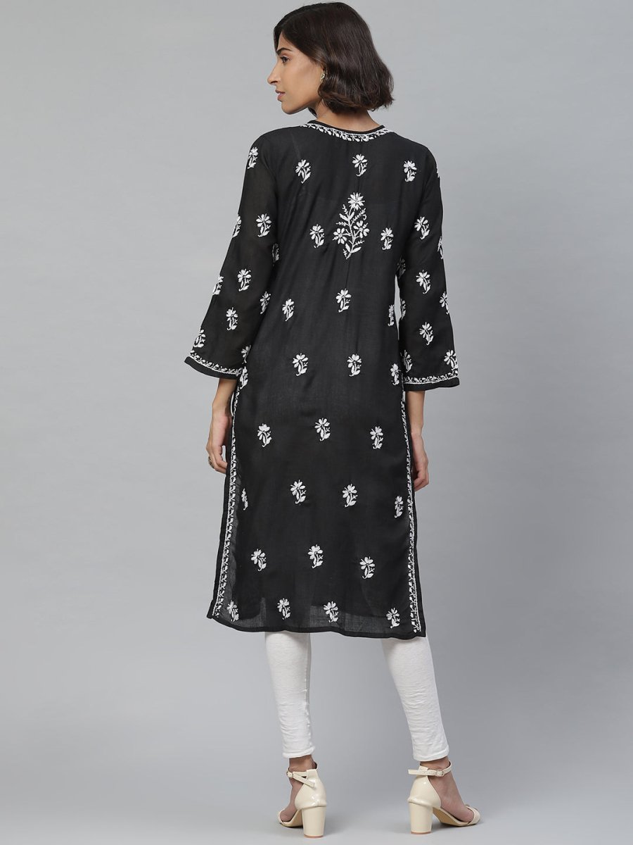 ADA Women Black & White Chikankari Embroidered Straight Sustainable Handloom Kurta