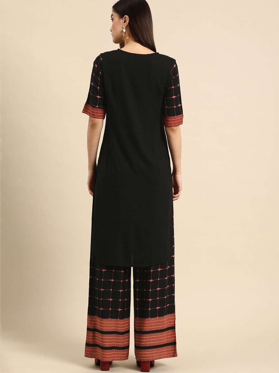 All About You Women Black & Pink Regular Round Neck Kurta with Palazzos