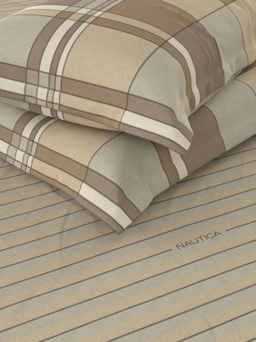 Nautica Brown & Brown Striped Cotton 160 TC King Bedsheet With 2 Pillow Covers