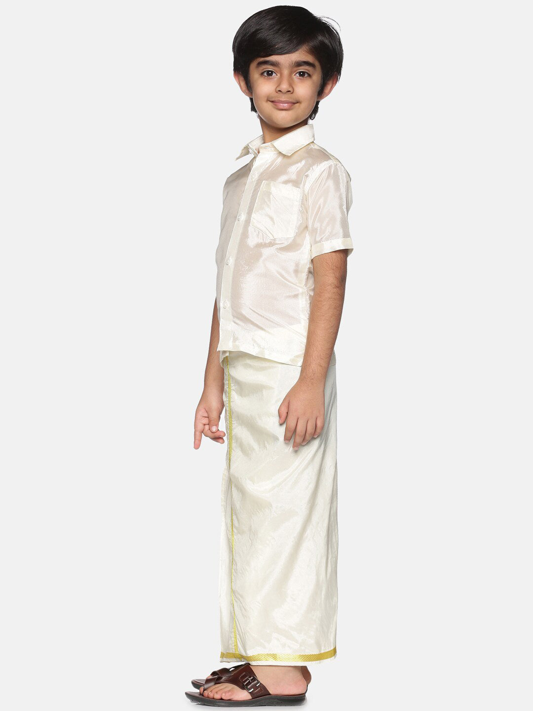 Sethukrishna Boys Cream-Coloured & Gold-Toned Shirt with Dhoti