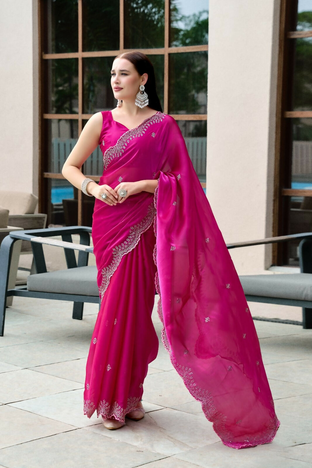 Vastranavya Pink Embroidery Work Shimmer Chiffon Saree with Unstitched Blouse - Distacart