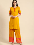 All About You Women Mustard Yellow & Pink Round Neck Regular Kurta with Palazzos