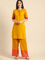 All About You Women Mustard Yellow & Pink Round Neck Regular Kurta with Palazzos
