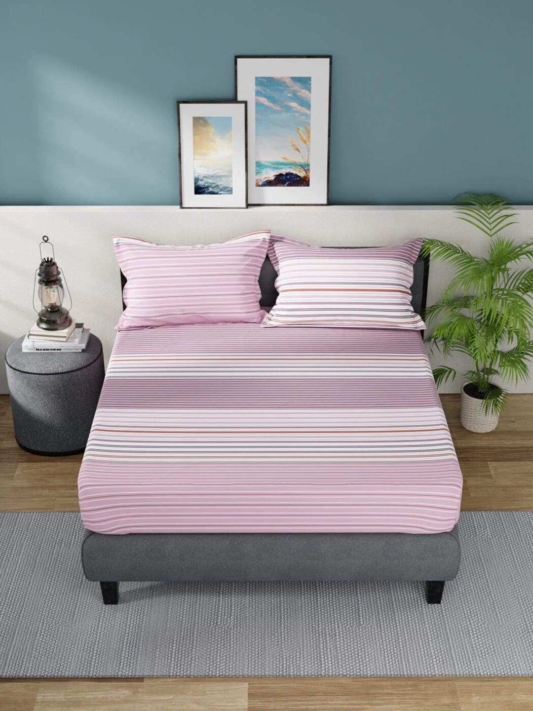 Nautica Bradford Pink & White Striped Cotton 160 TC King Bedsheet with 2 Pillow Covers