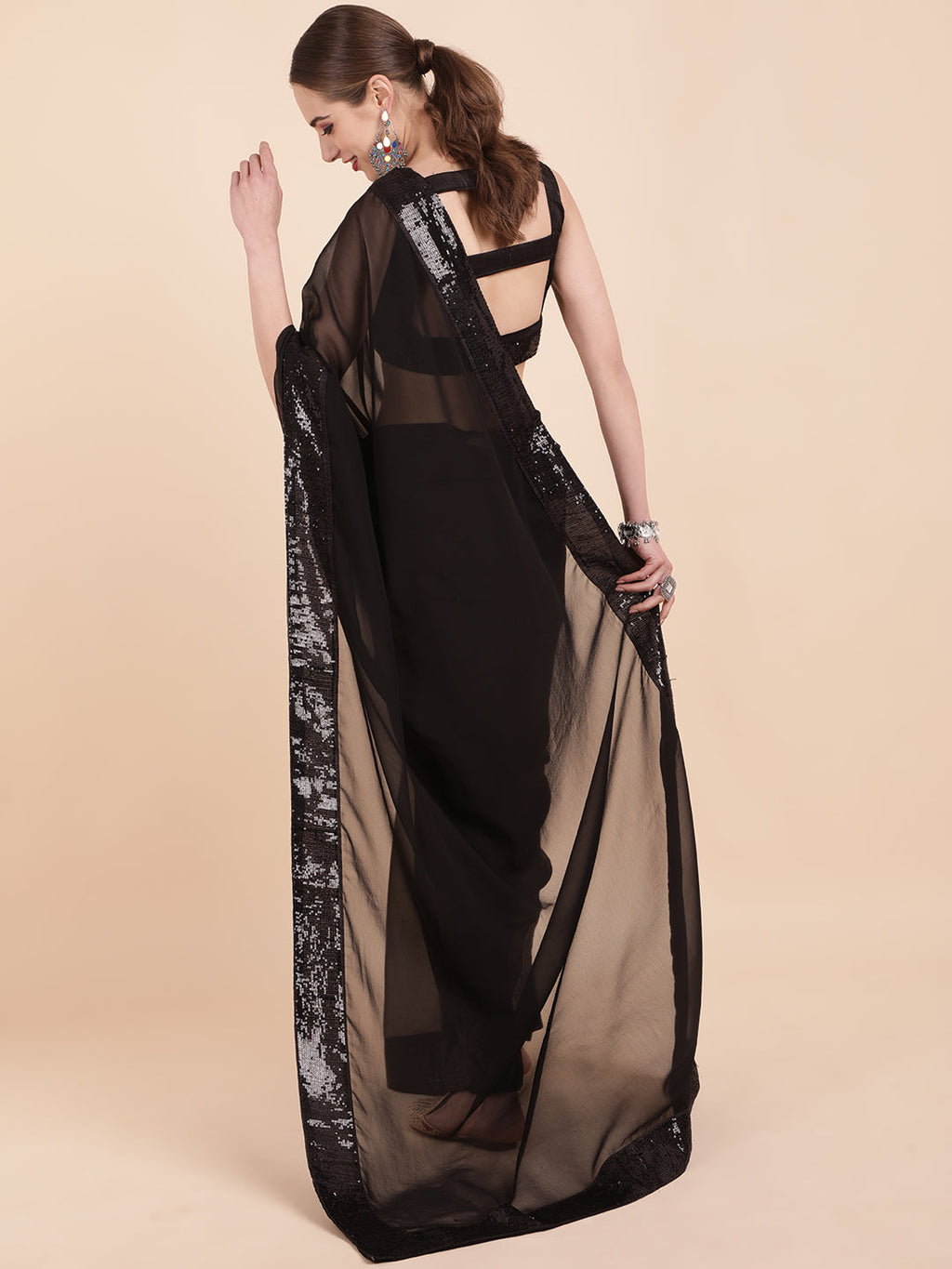 Sangria Black Sequinned Pure Georgette Saree - Distacart