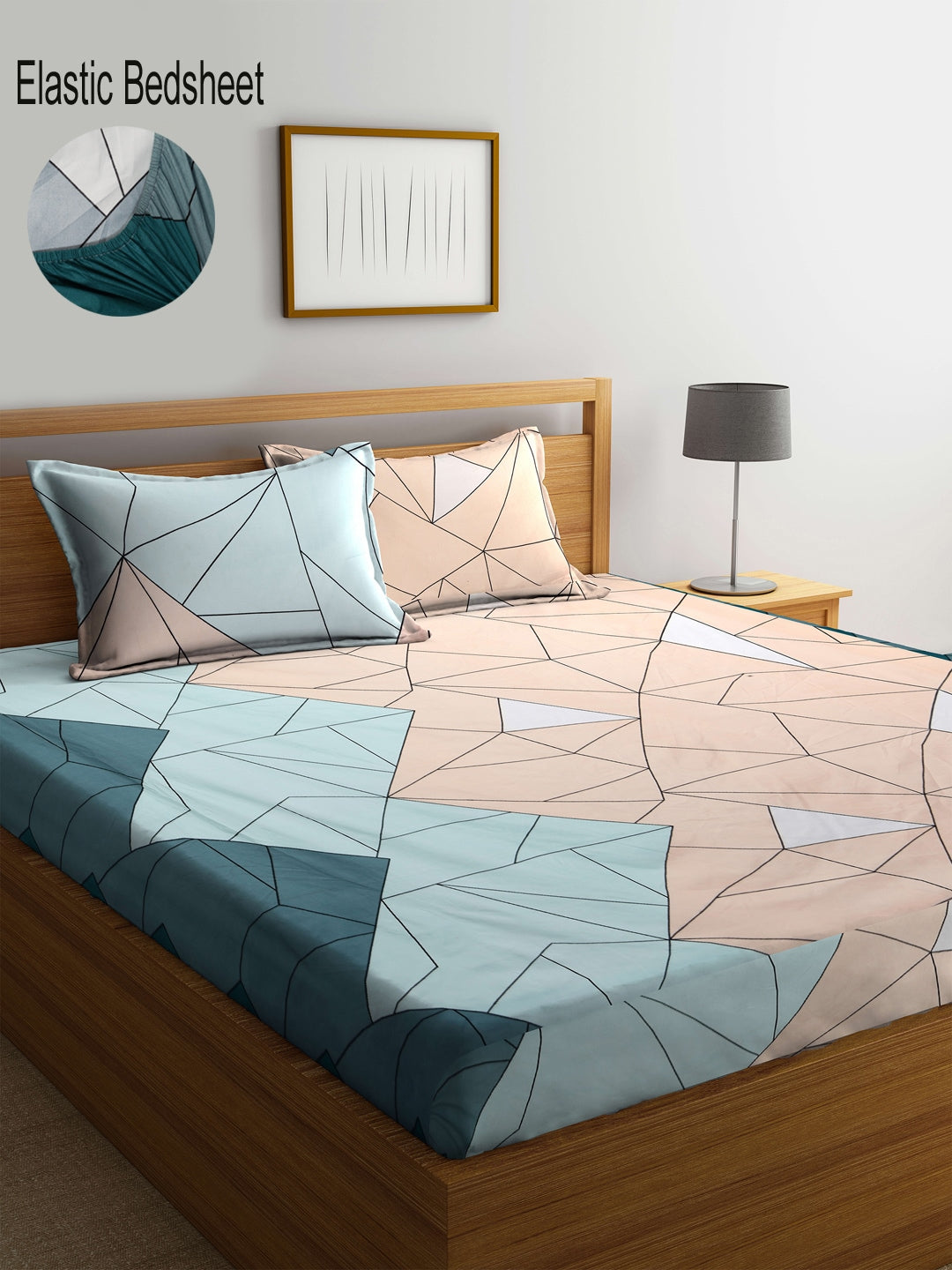 KLOTTHE Blue & Pink Geometric 300 TC King Fitted Bedsheet With 2 Pillow Covers - Distacart