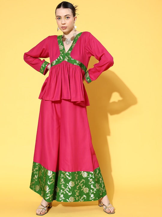 InWeave Women's Fuchsia Green Brocade Mughal Shaan Kurta Palazzo Set