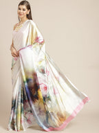 Tikhi Imli White & Pink Digital Floral Print Saree - Distacart