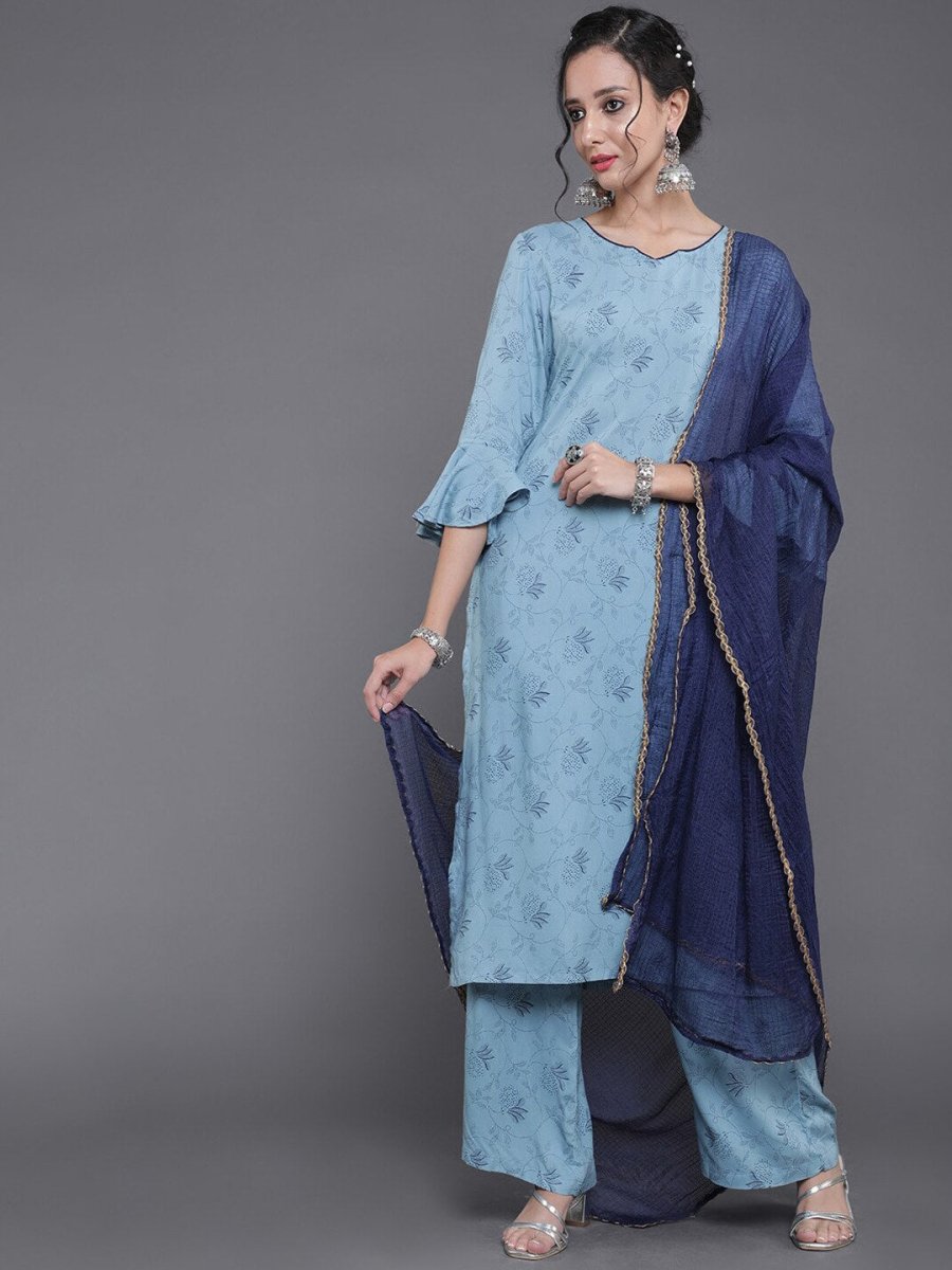 Aks Floral Printed Straight Kurta & Palazzos With Dupatta
