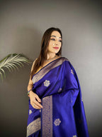 Joban Fashion Royal Blue Floral Jacquard Woven Design Cotton Silk Banarasi Silk Saree - Distacart