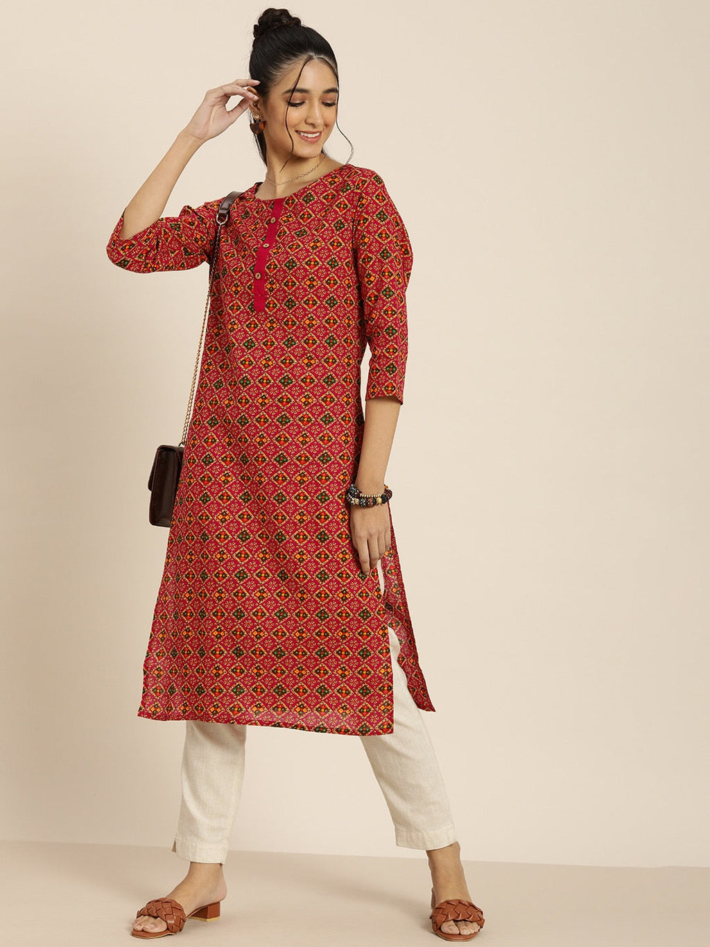Sangria Women Pink & Green Pure Cotton Bandhani Printed Kurta
