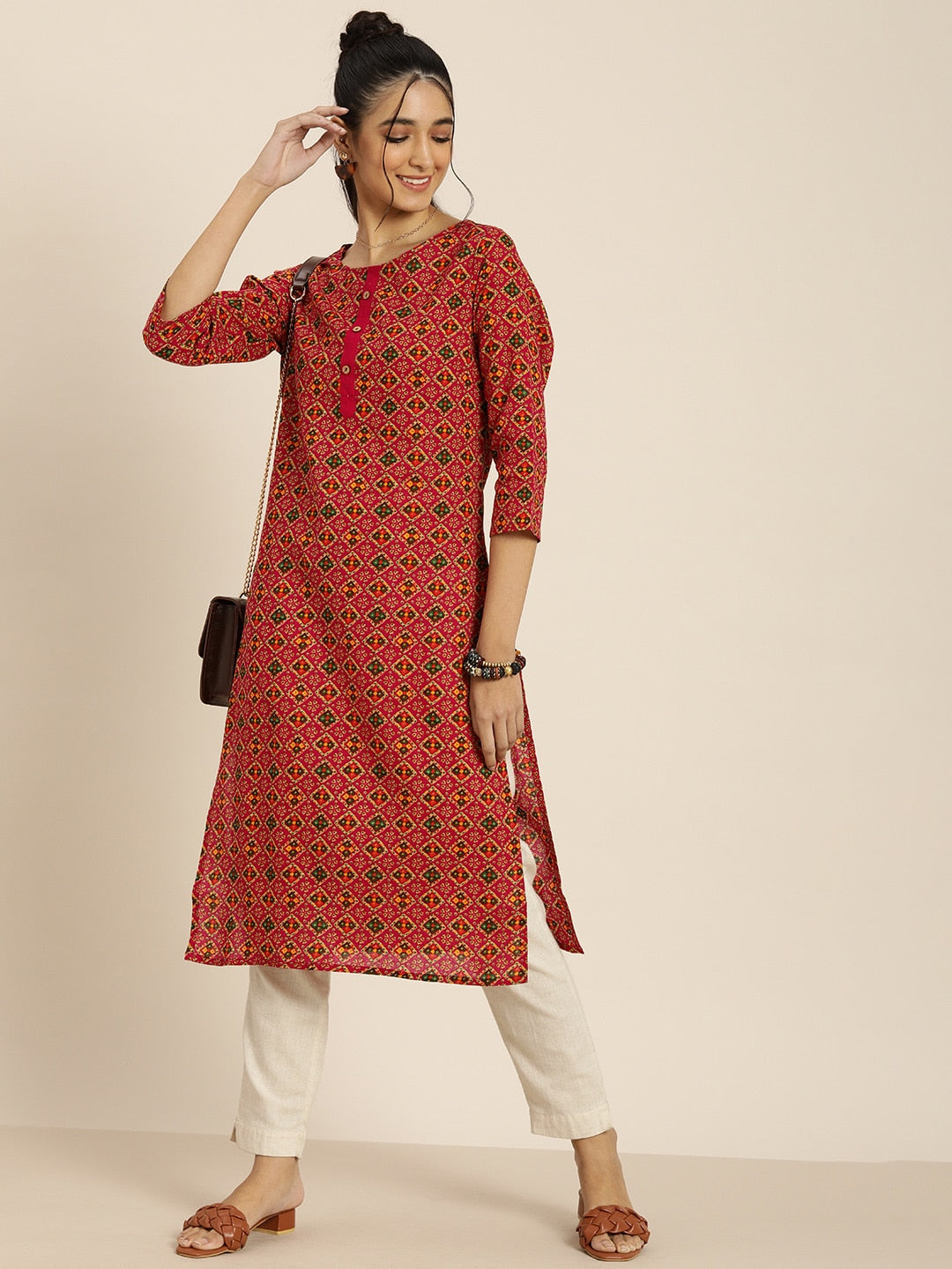 Sangria Women Pink & Green Pure Cotton Bandhani Printed Kurta