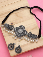 Cardinal Silver-Toned Black Colored Oxidized Choker Jewellery Set - Distacart