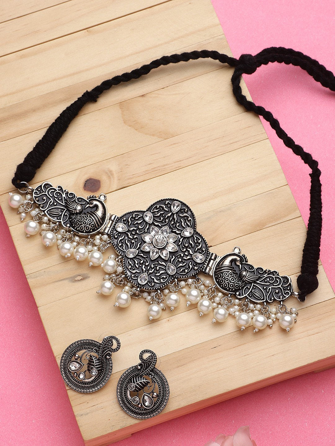 Cardinal Silver-Toned Black Colored Oxidized Choker Jewellery Set - Distacart