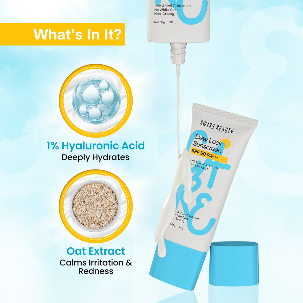 Swiss Beauty Care Dew Lock Sunscreen SPF 50 PA++++ With 1% Hyaluronic Acid