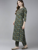 Yufta Women Olive Green Floral Yoke Design Pure Cotton Kurta with Palazzo and Dupatta