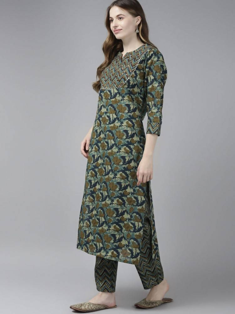 Yufta Women Olive Green Floral Yoke Design Pure Cotton Kurta with Palazzo and Dupatta