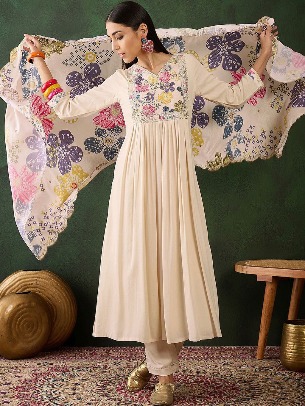 Sangria Embroidered & Digital Printed Kurta & Trousers with Dupatta