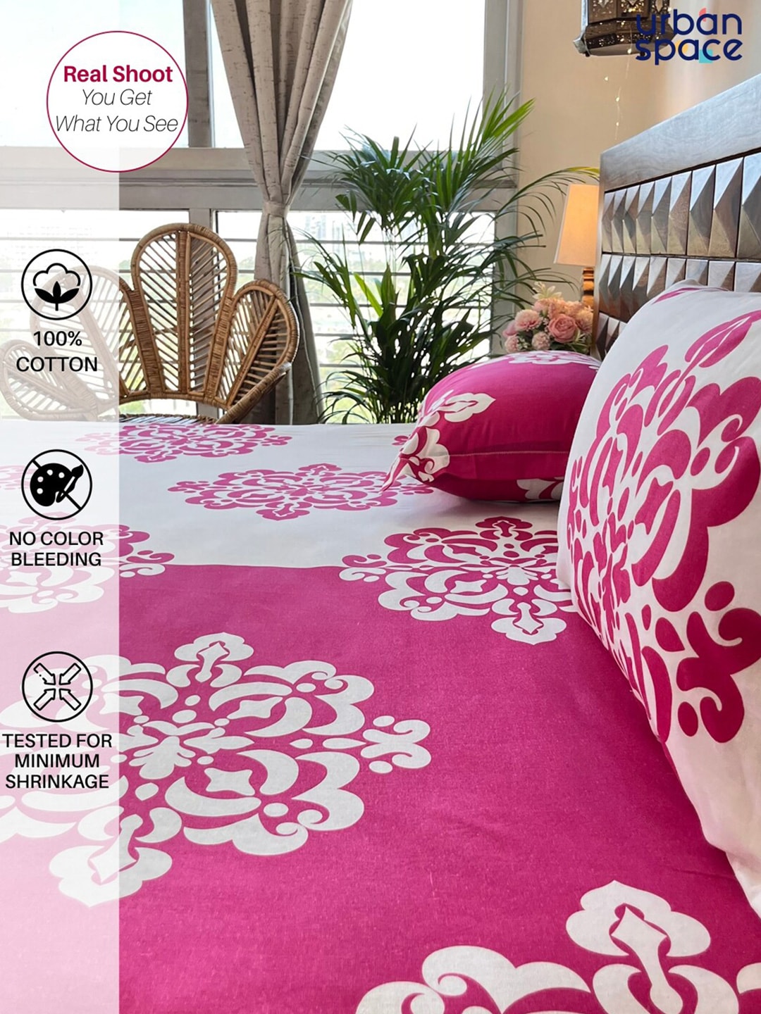 URBAN SPACE Divine White Ethnic Motifs 144 TC Cotton Queen Bedsheet & 2 Pillow Covers