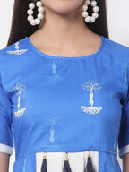 Myshka Viscose Printed 3/4 Sleeve Round Neck Casual Blue Women's dress