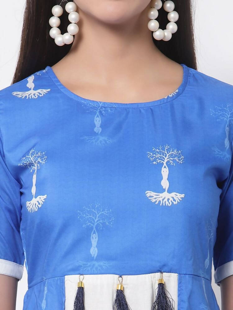 Myshka Viscose Printed 3/4 Sleeve Round Neck Casual Blue Women's dress