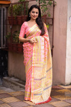 Pink Silk Blend Geometric Saree with Unstitched Blouse - A2M