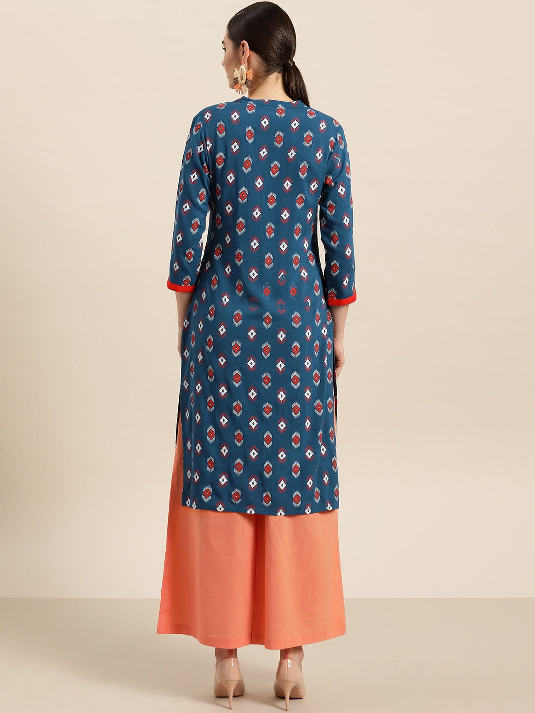 Sangria Women Teal Blue & Red Printed Straight Kurta
