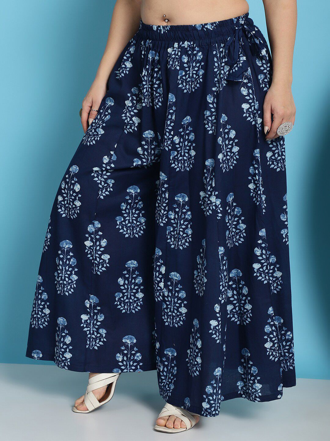TAG 7 Plus Size Ethnic Motifs Block Printed Pure Cotton Flared Ethnic Palazzo