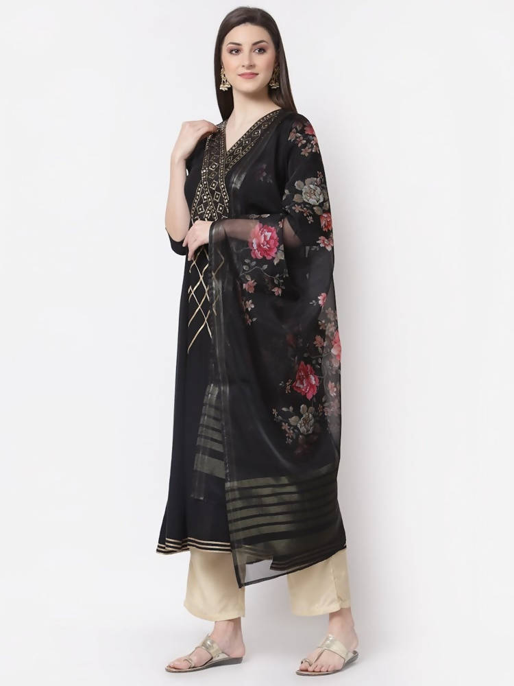 Myshka Black Color Rayon Embroidered Kurta With Dupatta Set