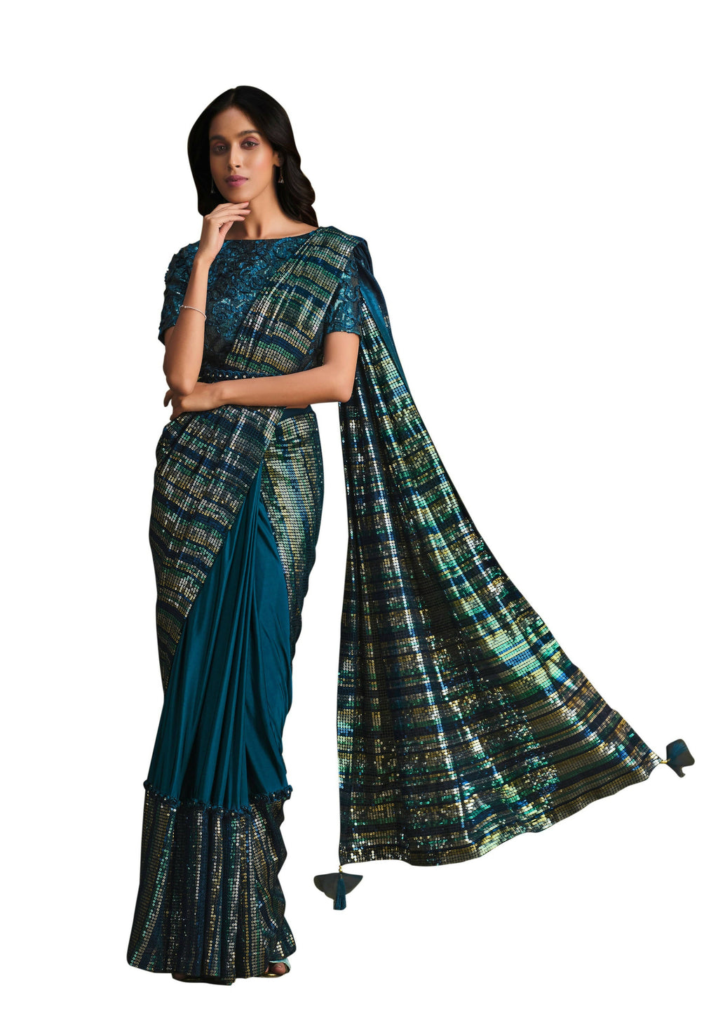 Teal Crystal Silk Sequence Embroidered Saree With Stitched Blouse - Mohmanthan La Belle