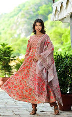 Yufta Women Red Floral Yoke Design Regular Aari Work Pure Cotton Kurta with Trouser & With Dupatta