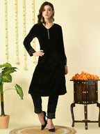 Myshka Women's Black Velvet Kurta With Trousers Party Sets