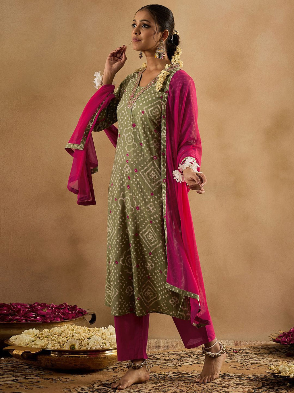 Indo Era Bandhani Printed Pure Cotton Kurta With Trousers & Dupatta - Distacart