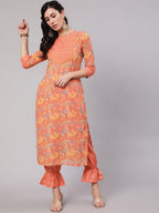 Aks Floral Printed Round Neck Pure Cotton Kurta with Trousers