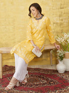 ADA Women Yellow & White Chikankari Embroidered Straight Sustainable Handloom Kurta