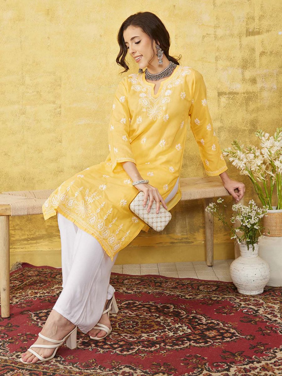ADA Women Yellow & White Chikankari Embroidered Straight Sustainable Handloom Kurta