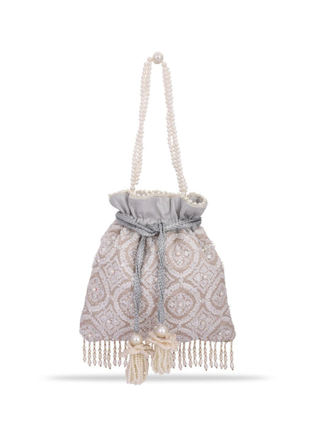 Masq Tan & White Embroidered Potli Clutch