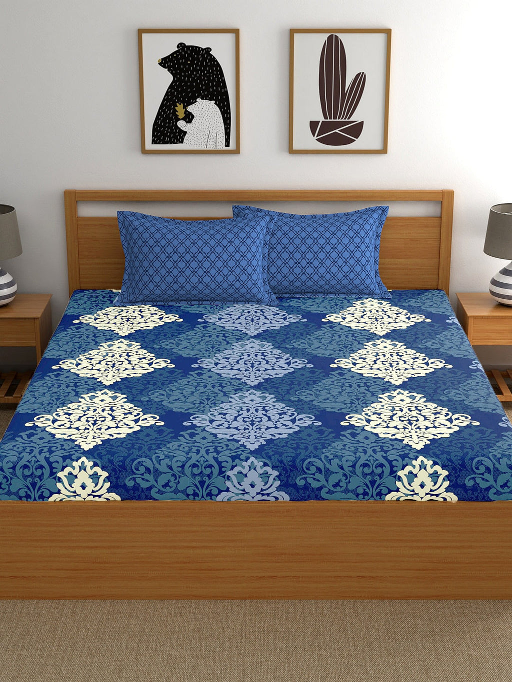 My Room Navy Blue & Yellow Ethnic Motifs 140 TC King Bedsheet with 2 Pillow Covers
