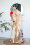 Cream Woven Jacquard Designer Embroidery Work Party Wear Saree - Parampara