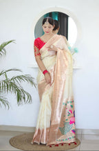 Cream Woven Jacquard Designer Embroidery Work Party Wear Saree - Parampara