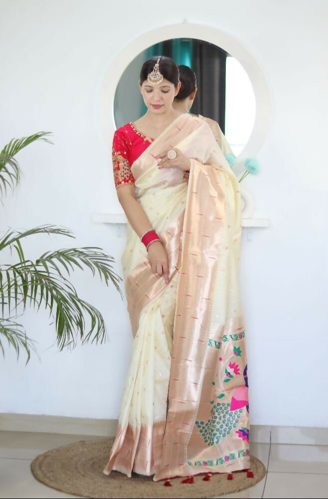 Cream Woven Jacquard Designer Embroidery Work Party Wear Saree - Parampara