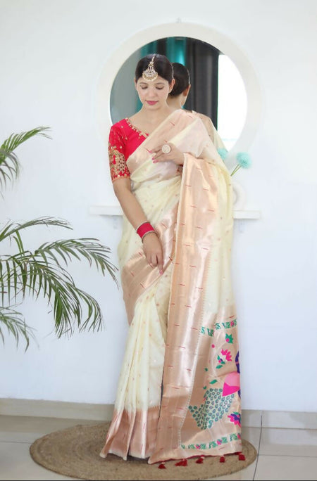 Cream Woven Jacquard Designer Embroidery Work Party Wear Saree - Parampara