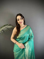 Joban Fashion Teal Floral Motifs & Ethnic Design Soft Satin Silk Kanchipuram Saree - Distacart