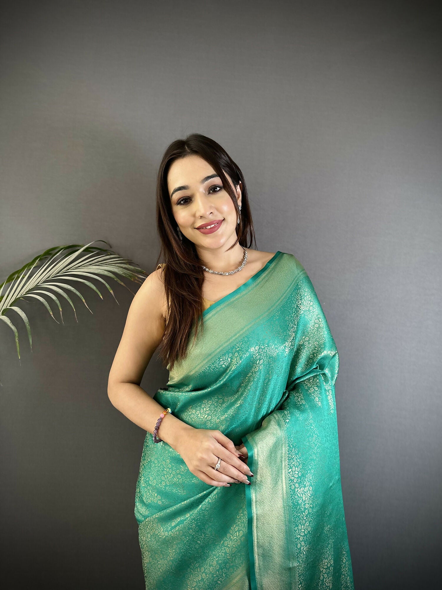 Joban Fashion Teal Floral Motifs & Ethnic Design Soft Satin Silk Kanchipuram Saree - Distacart