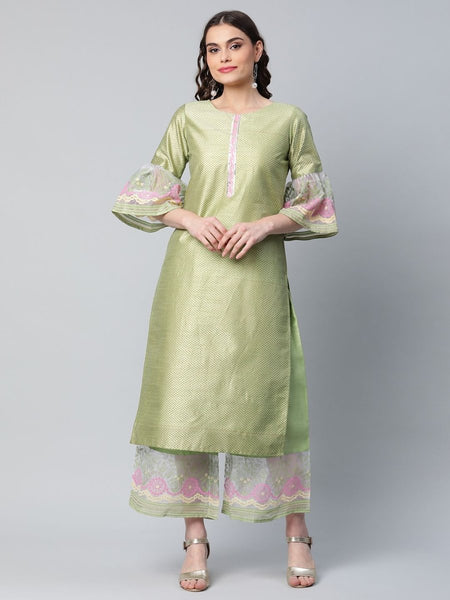 Ahalyaa Women's Light Green Poly Silk Gold Printed Kurta Palazzo Set