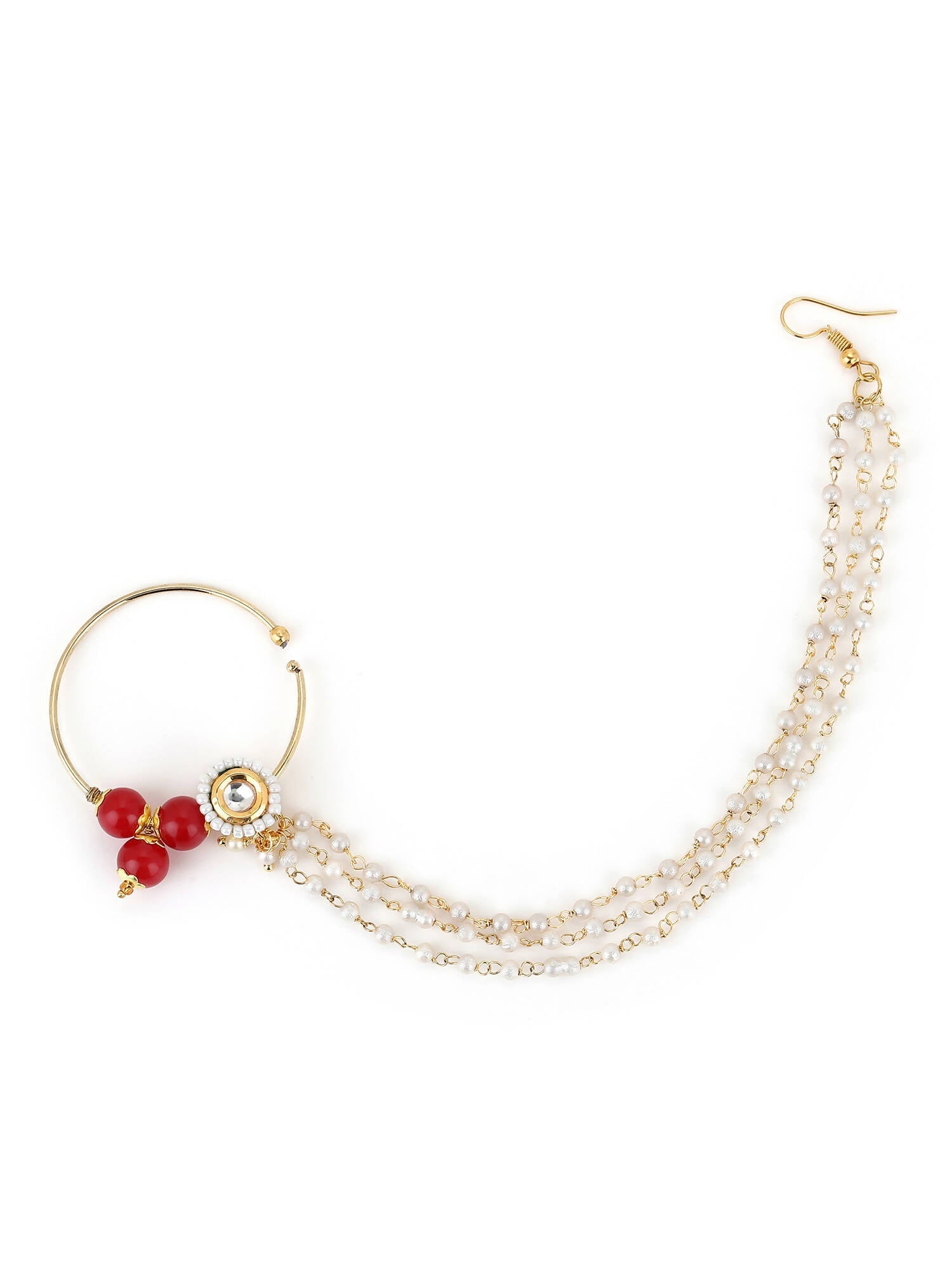 White Red Gold-Plated Kundan-Studded Beaded Nosepin - Ruby Raang - Distacart