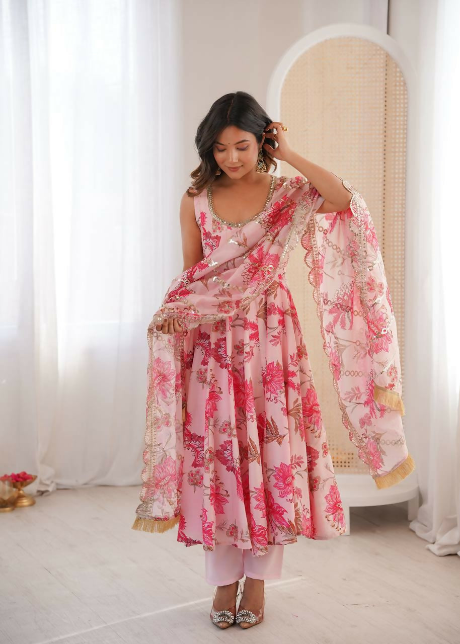 Teeya Creation Pink Pure Muslin Silk Digital Print Traditional Wear Long Gown - Distacart